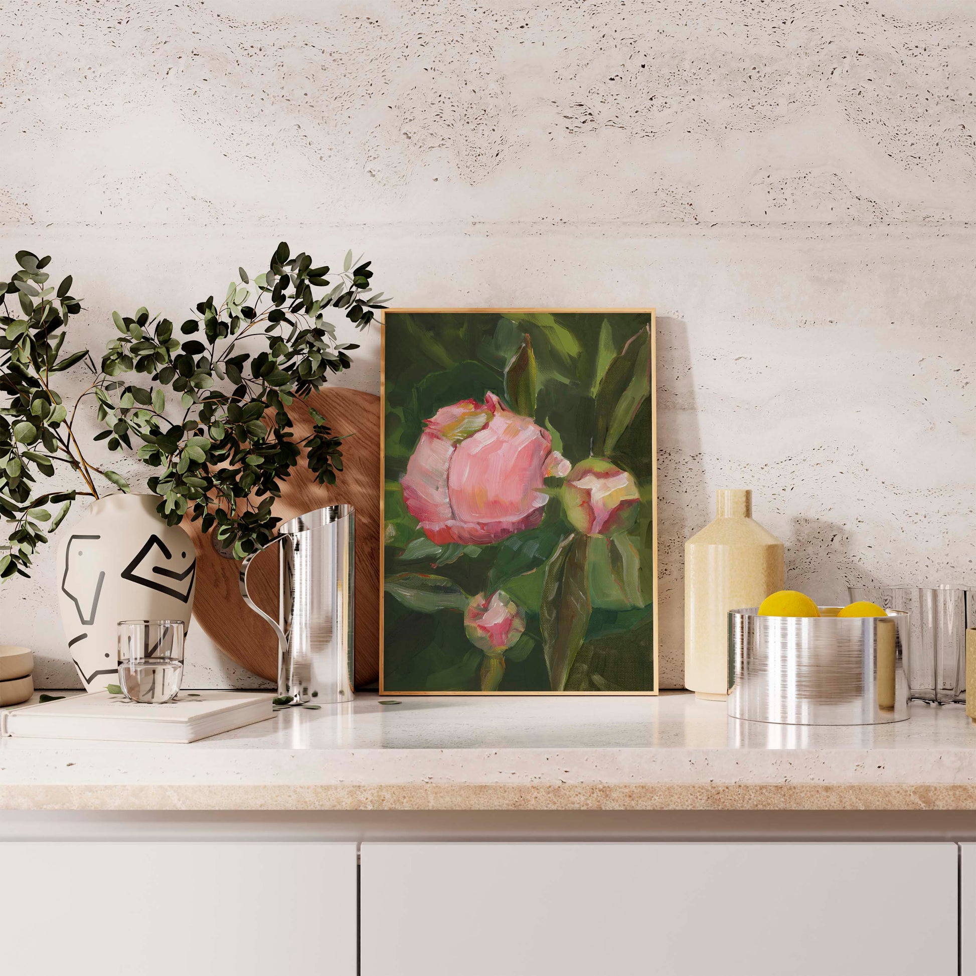 Pink Peony Buds on Green Leaves - Floral Art Print