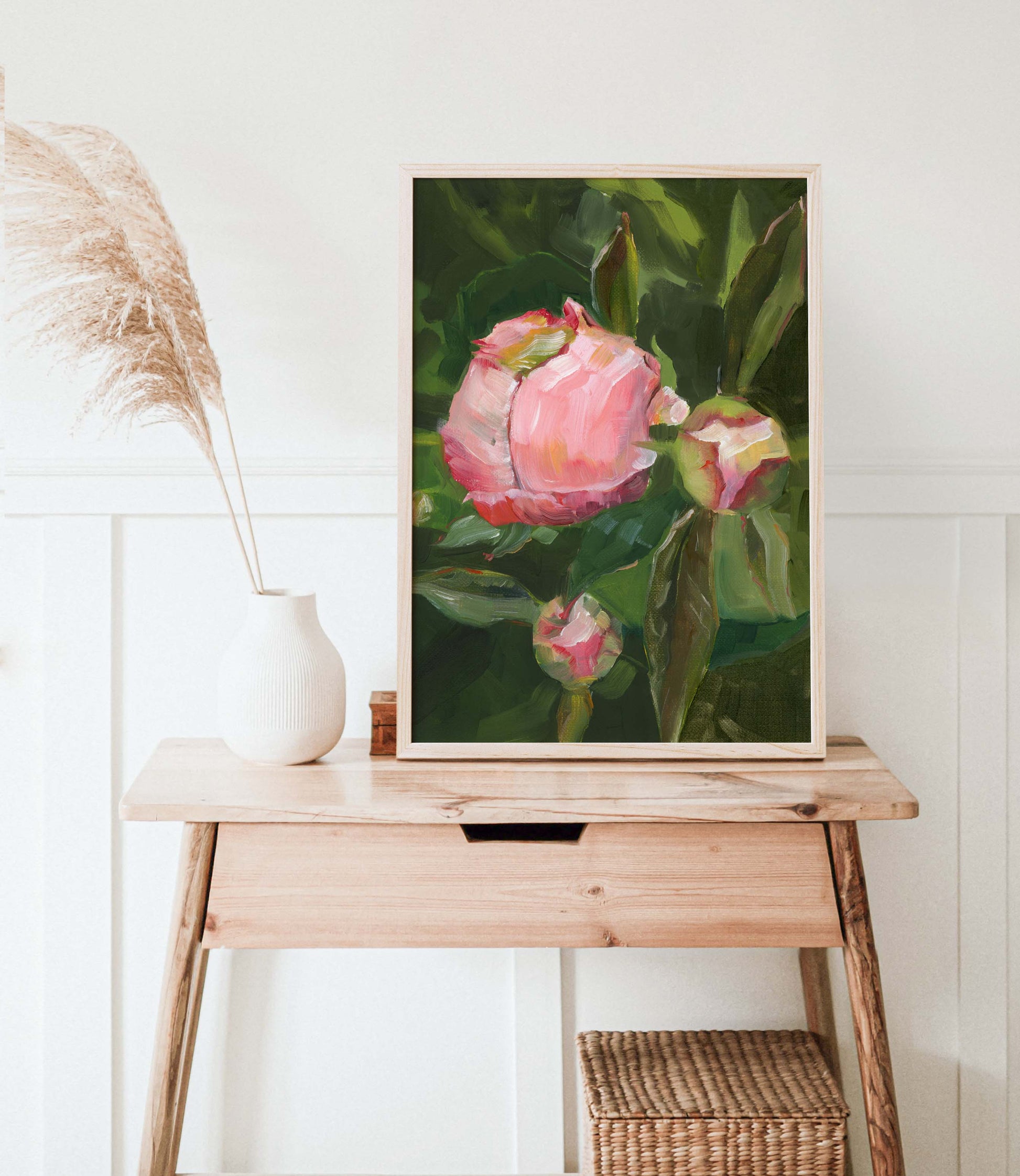 Pink Peony Buds on Green Leaves - Floral Art Print
