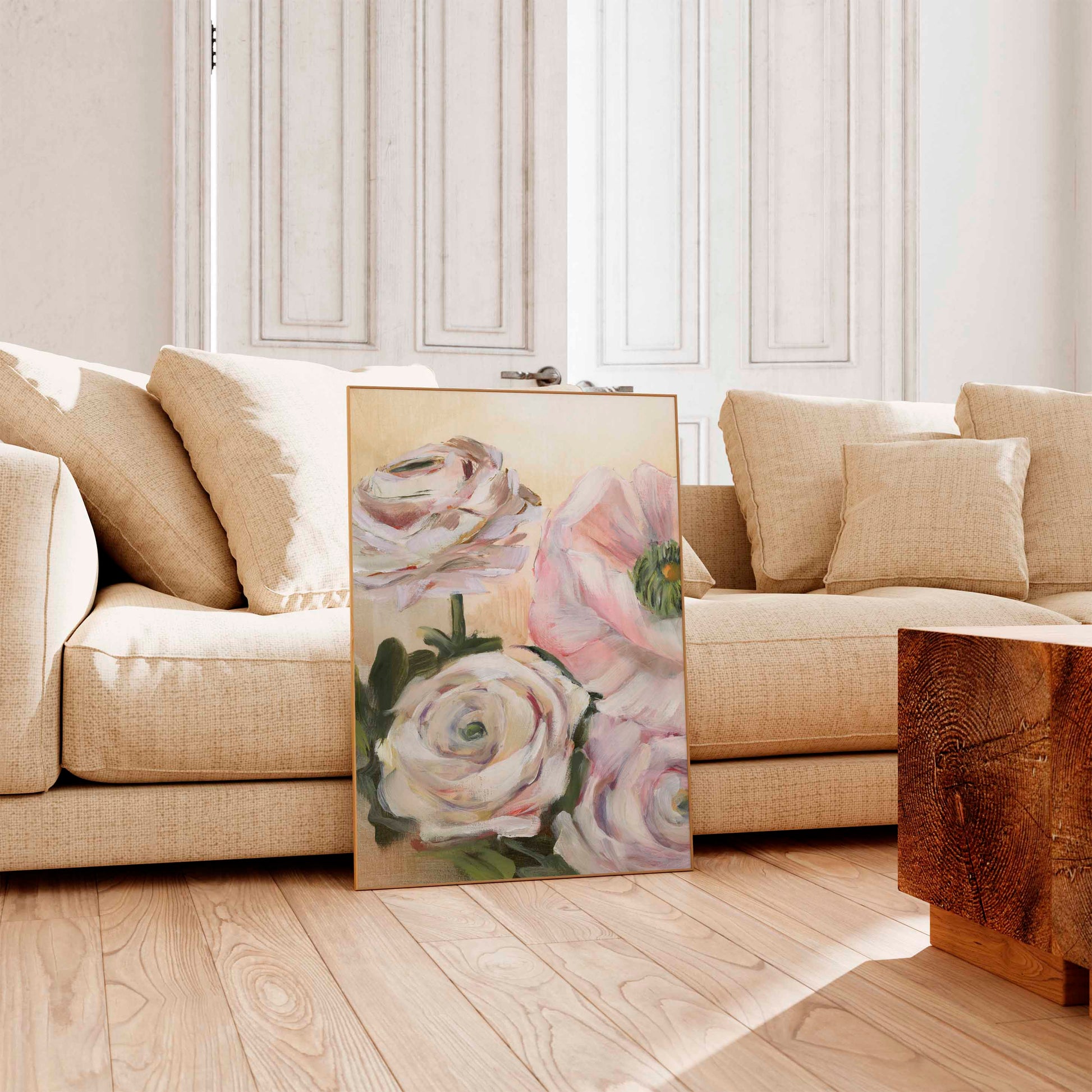 framed floral art print in living room
