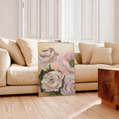 framed floral art print in living room