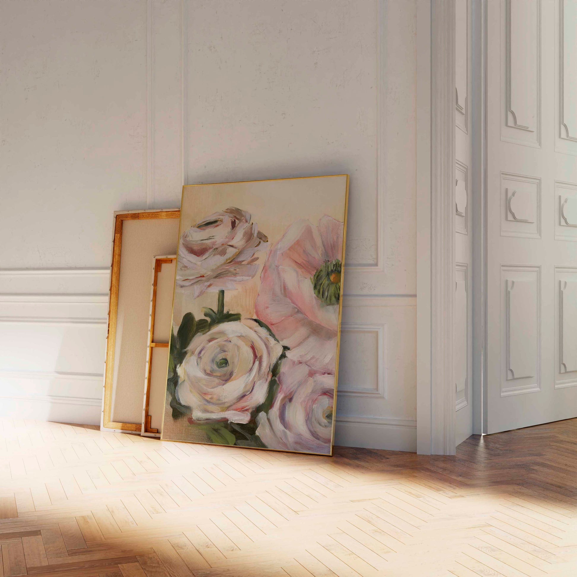 framed floral art print in hallway
