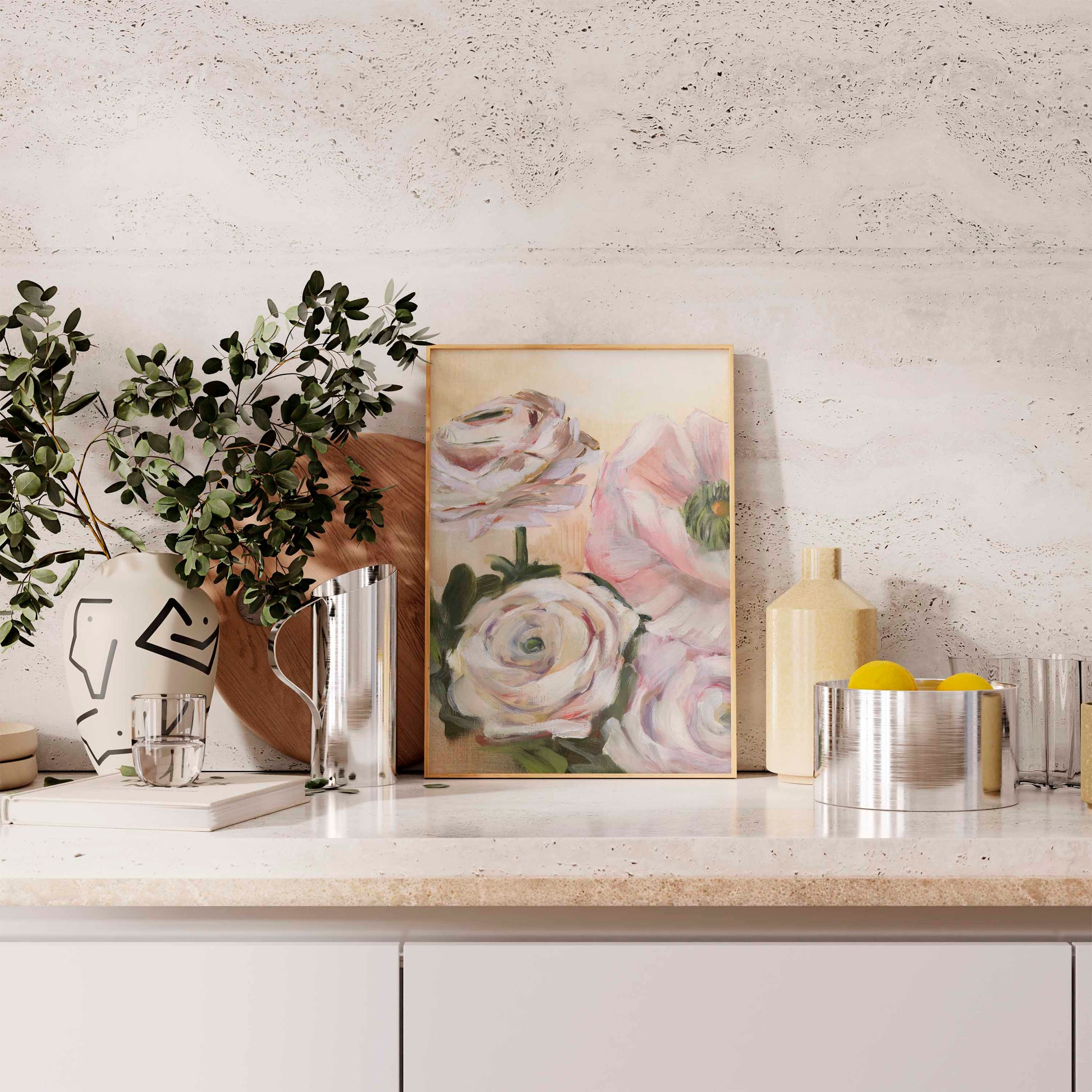 framed art print on the kitchen counter